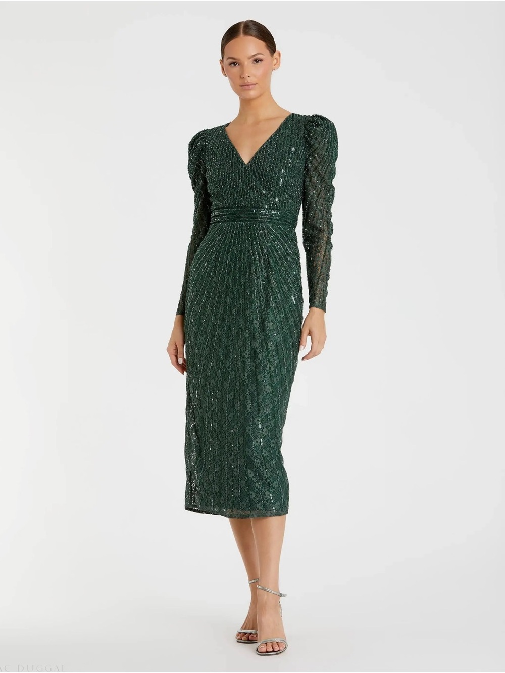 Mac Duggal Deep Green Sequin V-Neck Midi Dress Style #93676